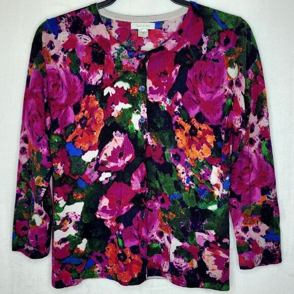 Garnet Hill Merino Wool Multicolor Floral Button Down Cardigan Size Medium - Picture 1 of 6